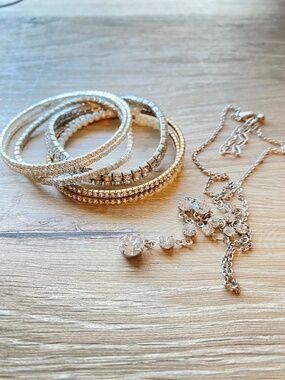 Costume Jewelry Lot Silver Rhinestone Tennis Bracelets Matching Drop Pendant